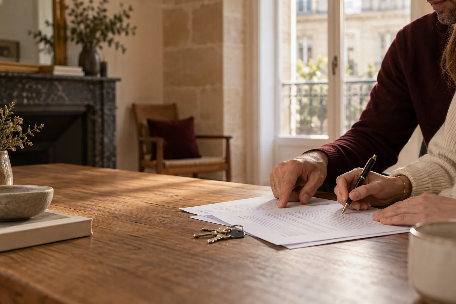 Lecture d’un contrat de location autour d’une table, avec les clés du logement